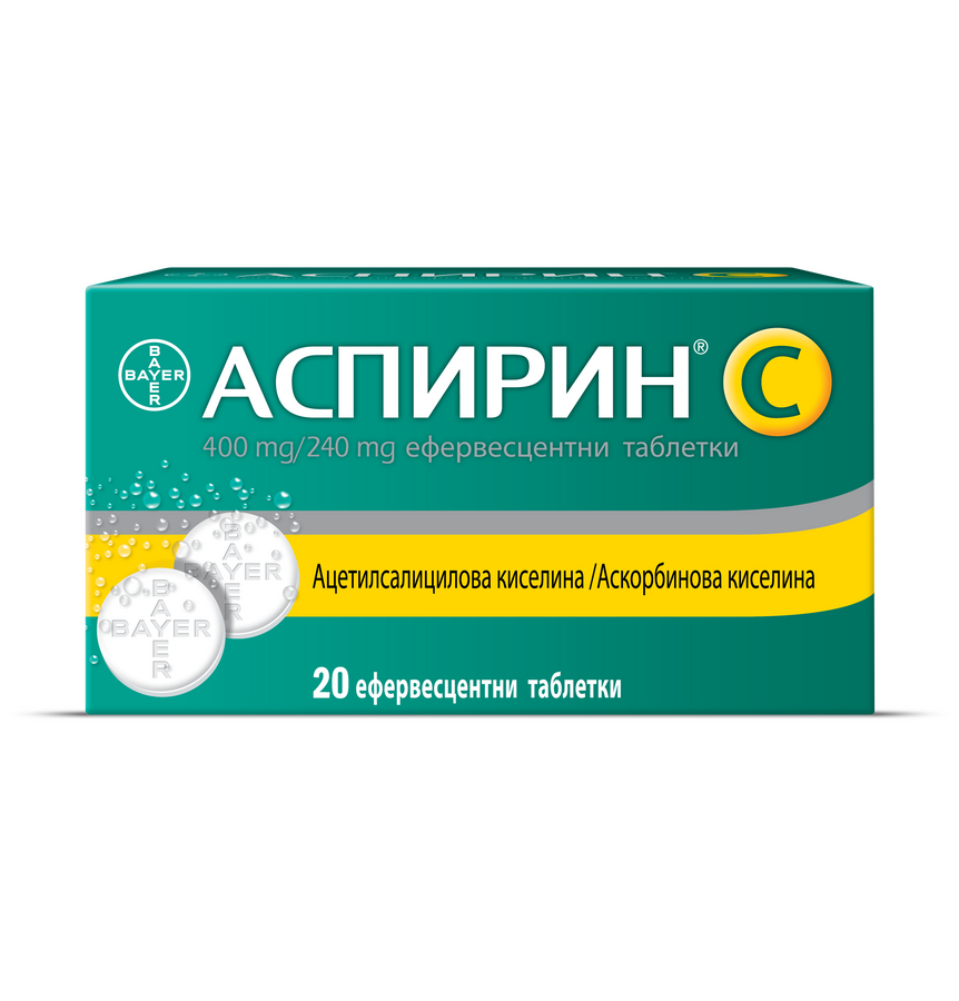 Аспирин C при настинка, грип, температура и мускулни болки х 20 ефервесцентни таблетки, Bayer